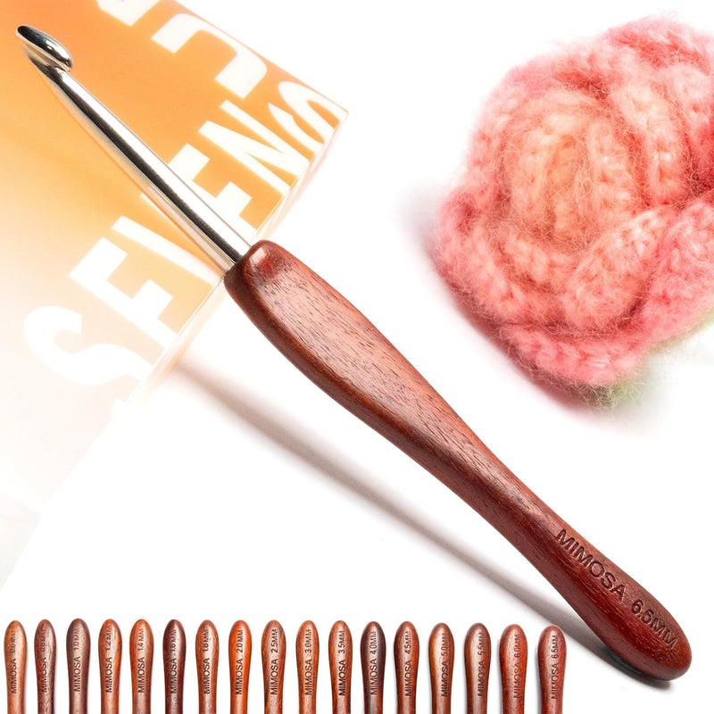 sevensun Mimosa 6.5mm Single Crochet Hook, Available in 0.6mm-6.5mm, Ergonomic Hand Polished Stainless Steel Inline Pointy Wood Handle Crochet Hook for Arthritic Hands, Mother's Day Gifts for Mom - Image 1